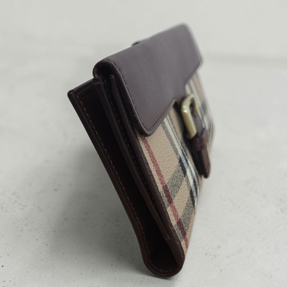 Burberry Haymarket Nova Check Bifold Wallet Brown Leather Gold Buckle Italy - Picture 12 of 15